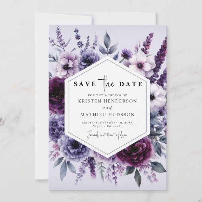 Save The Date Mariage floral pourpre à fleurs modernes (Devant)