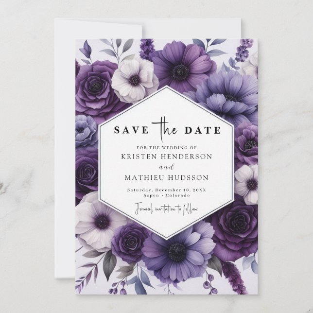 Save The Date Mariage floral pourpre chic en fleur (Devant)