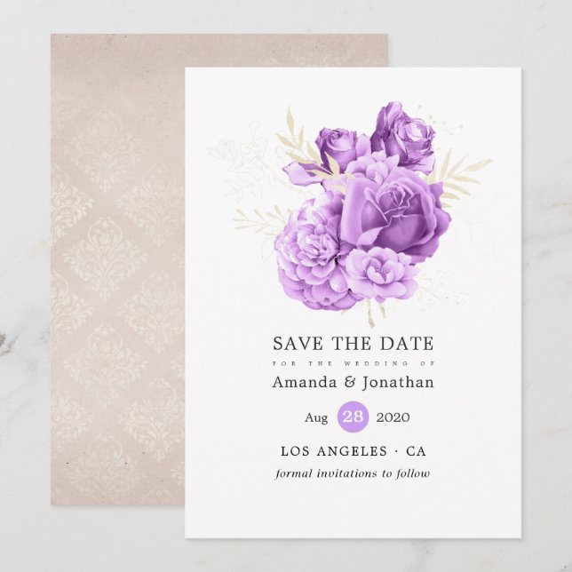 Save The Date Mariage floral pourpre et ivoire (Devant / Derrière)