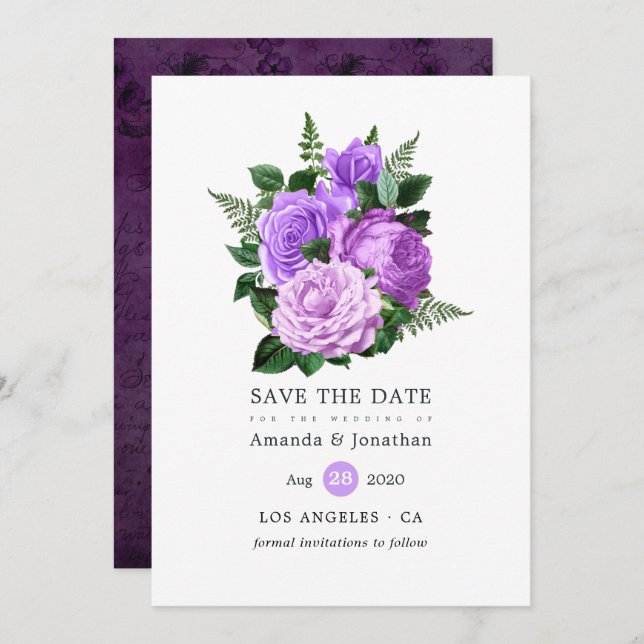Save The Date Mariage floral pourpre et vert (Devant / Derrière)