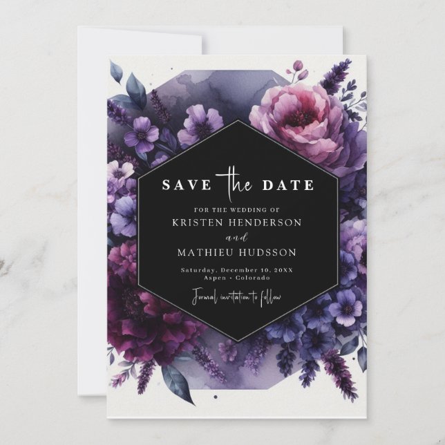 Save The Date Mariage floral pourpre fleuri en fleurs (Devant)