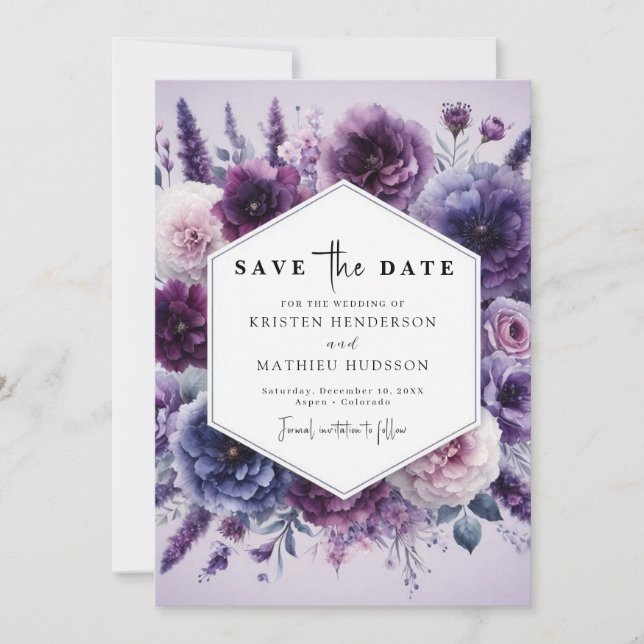 Save The Date Mariage floral pourpre numérique en fleur (Devant)