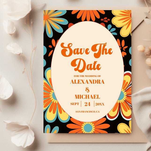 Save The Date Mariage Floral Rétro Groovy  (Créateur téléchargé)