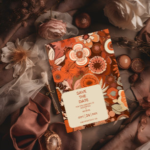 Save The Date Mariage floral rétro groovy orange brûlé