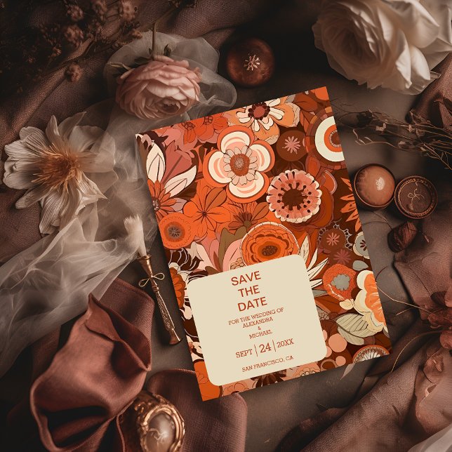 Save The Date Mariage floral rétro groovy orange brûlé (Créateur téléchargé)