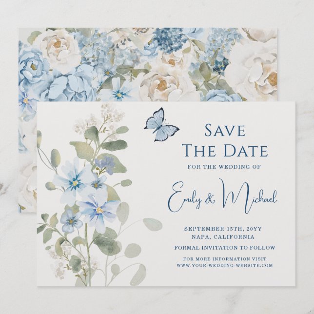 Save The Date Mariage floral romantique bleu Dusty (Devant / Derrière)