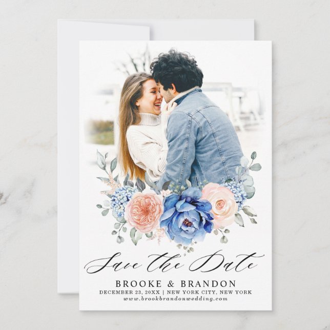 Save The Date Mariage floral rose bleu marine (Devant)