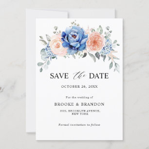 Save The Date Mariage floral rose bleu marine
