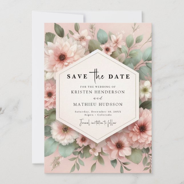Save The Date Mariage floral rose boho romantique (Devant)