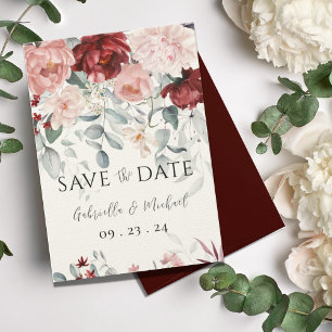 Save The Date Mariage floral rose de Bourgogne