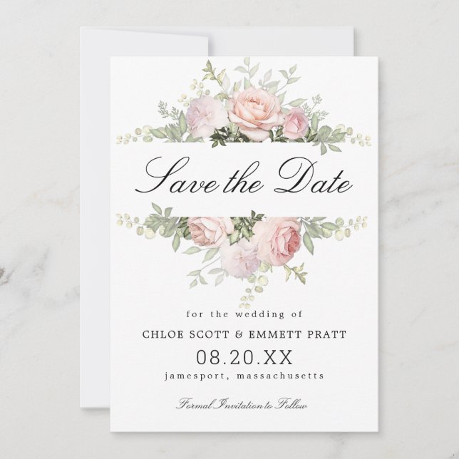 Save The Date Mariage floral rose et blanc (Devant)