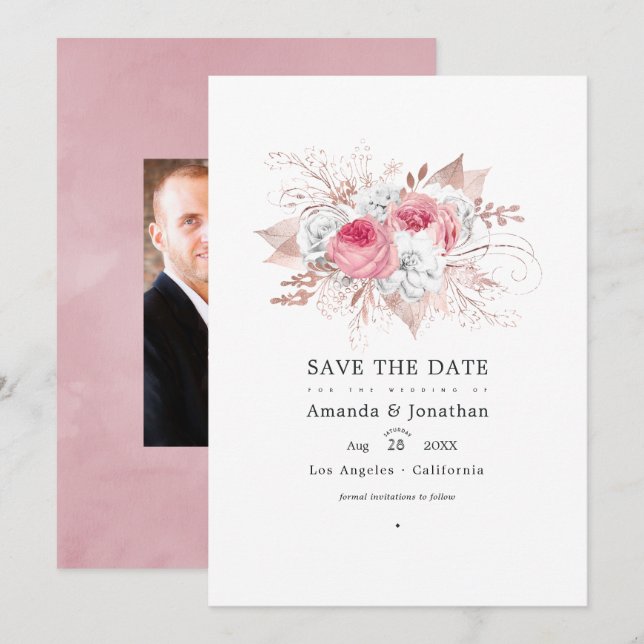 Save The Date Mariage floral rose et Rose or (Devant / Derrière)