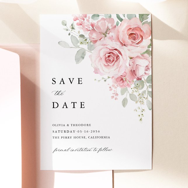 Save The Date Mariage Floral Rose Fardé (Blush Rose Floral Save the Date Card, Watercolor Blush Pink Rose Wedding Announcement Card)