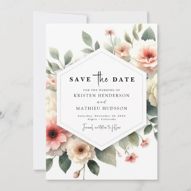 Save The Date Mariage floral rose moderne numérique (Devant)