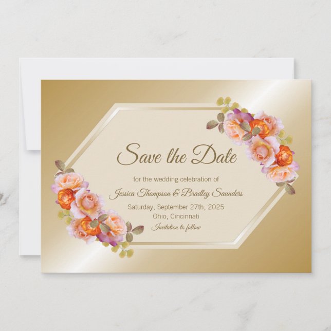 Save The Date Mariage Floral Rose or (Devant)