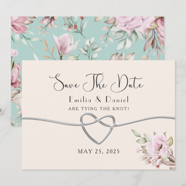 Save The Date Mariage floral rose pâle (Devant / Derrière)