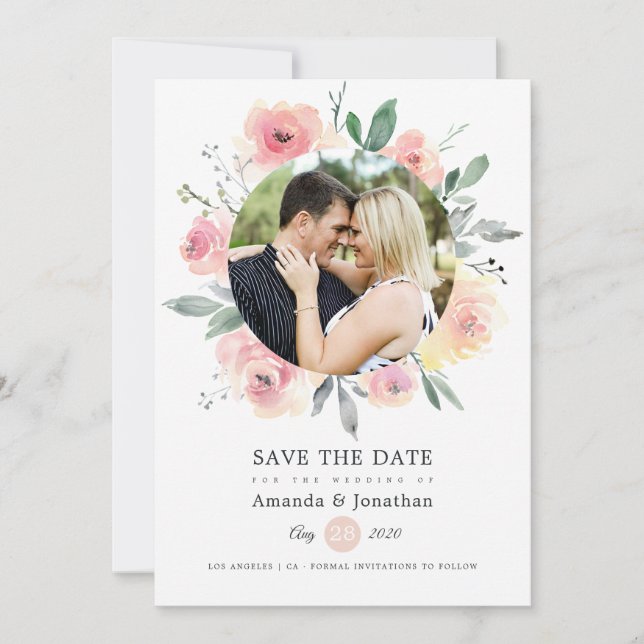 Save The Date Mariage floral rose pastel Blush (Devant)