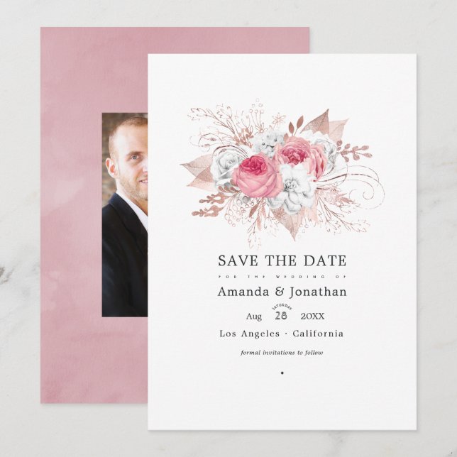 Save The Date Mariage floral rose poudré et or rose (Devant / Derrière)