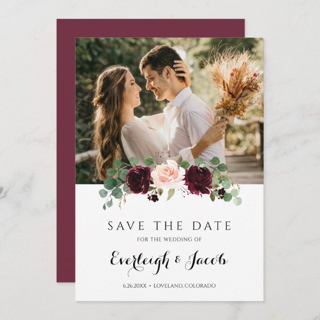 Save The Date Mariage Floral Rose Poudré Eucalyptus de Bourgogne (Devant / Derrière)
