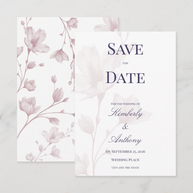 Save The Date Mariage Floral Rose Poudrée Romantique Classique (Devant / Derrière)