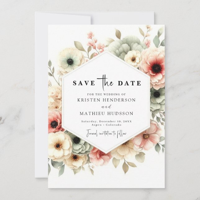 Save The Date Mariage floral rose romantique (Devant)