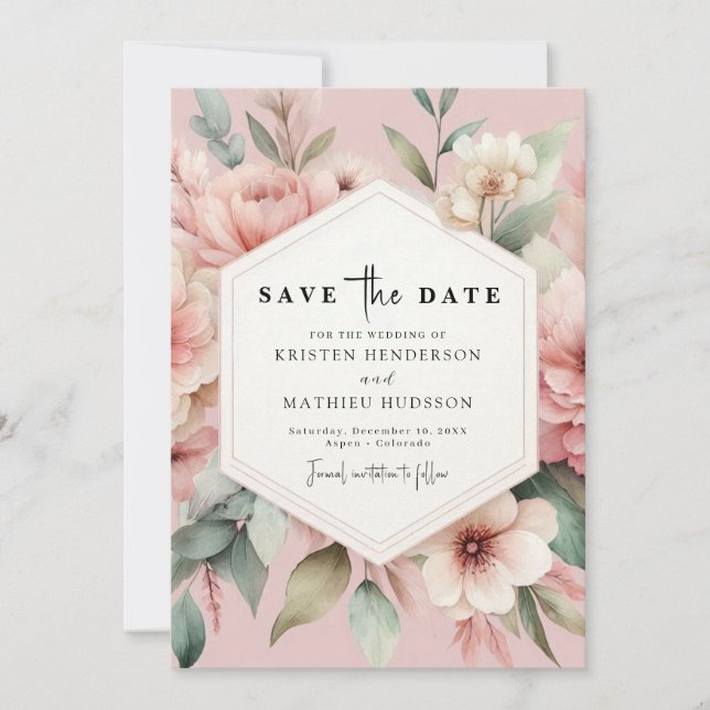 Save The Date Mariage floral rose rustique (Devant)