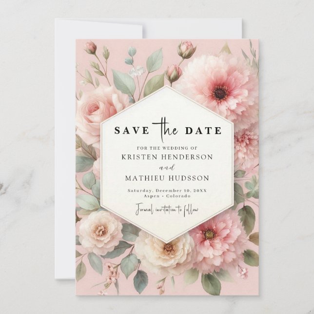 Save The Date Mariage floral rose simple (Devant)