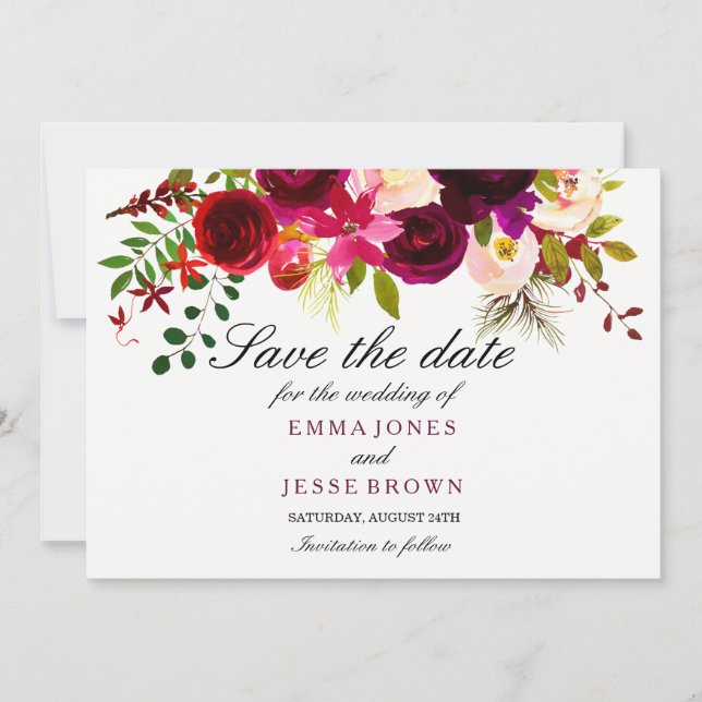 Save The Date Mariage Floral Rouge Bourgogne Enregistrer La Cart (Devant)