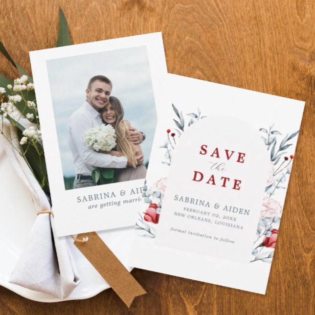 Save The Date Mariage Floral Rouge Et Bleu Photo Enregistrer La  (Créateur téléchargé)