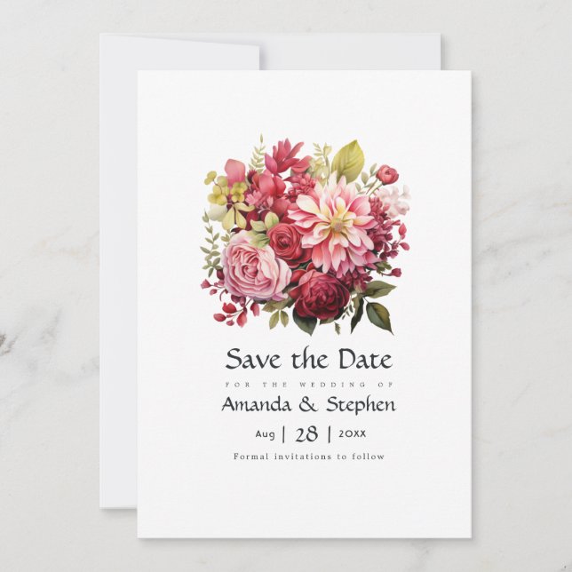 Save The Date Mariage floral rouge, rose et vert (Devant)