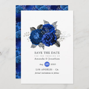 Save The Date Mariage Floral Royal Bleu, Noir et Argent