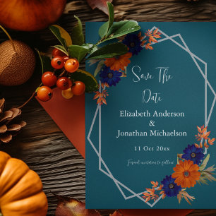 Save The Date Mariage Floral Rustique Automne Orange Bleu Marine