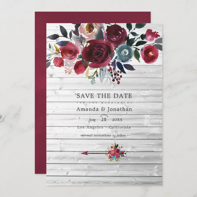 Save The Date Mariage Floral Rustique Bohème Chic Bourgogne et M (Devant / Derrière)