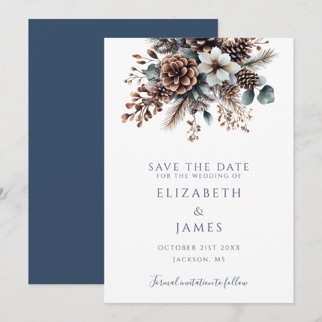Save The Date Mariage Floral Rustique Bohème Moderne avec Cônes  (Devant / Derrière)