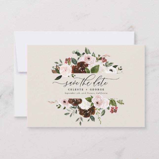 Save The Date Mariage floral rustique bordeaux, rose, vert (Devant)