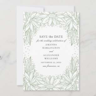 Save The Date Mariage floral rustique. Fleurs vertes campagnarde