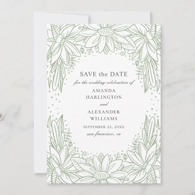 Save The Date Mariage floral rustique. Fleurs vertes campagnarde (Devant)
