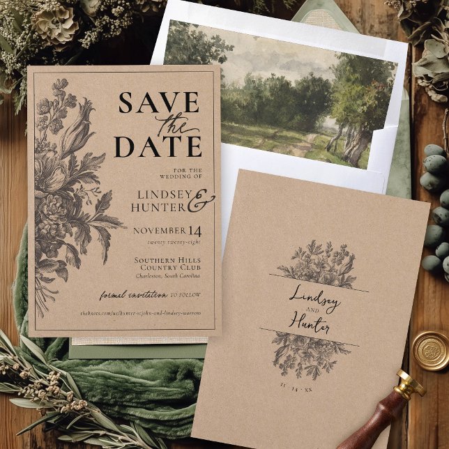Save The Date Mariage Floral Rustique Kraft Bohème Monogramme (Elegant vintage floral bouquet rustic kraft & black boho custom monogram wedding save the date card)