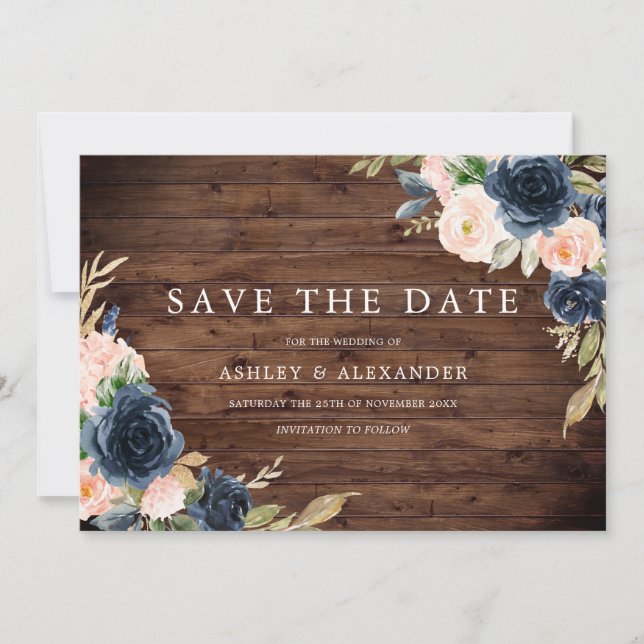 Save The Date Mariage Floral Rustique Navy Blush (Devant)