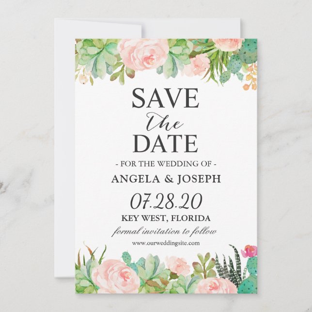 Save The Date Mariage floral rustique Succulent Cactus (Devant)