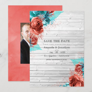 Save The Date Mariage Floral Rustique Vintage Turquoise et Corai
