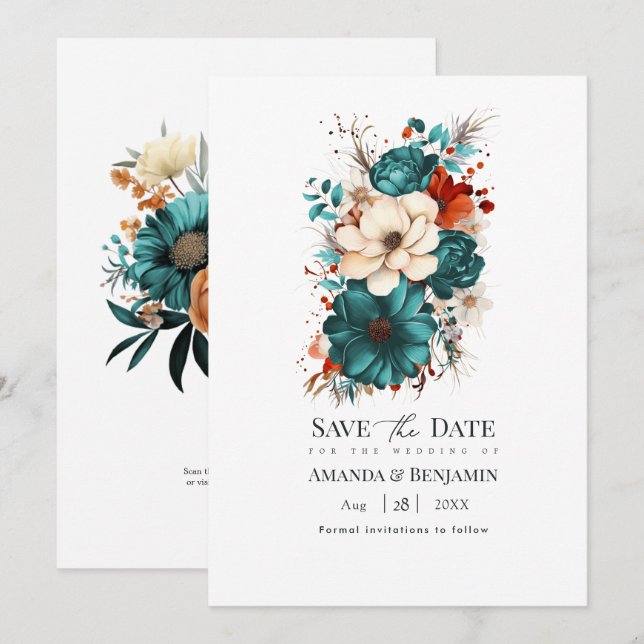 Save The Date Mariage floral sarcelle, orange brûlé et champagne (Devant / Derrière)
