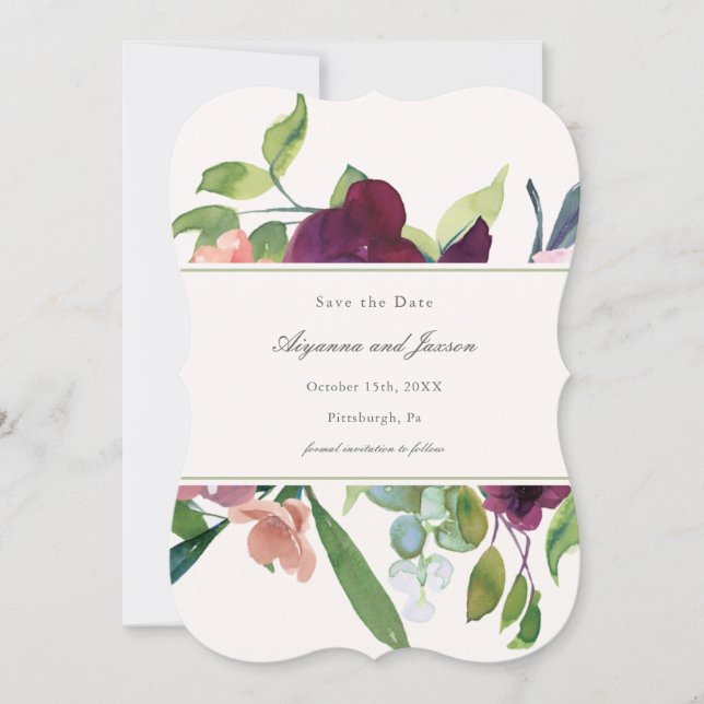 Save The Date Mariage floral simple et joli en Plum (Devant)