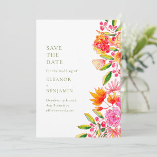 Save The Date Mariage Floral Simple Moderne Rose Orange Vert