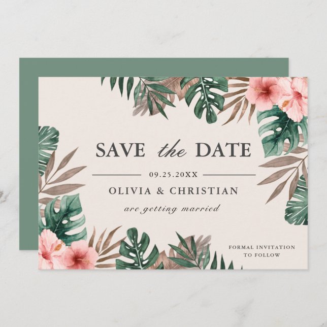 Save The Date Mariage Floral Tropical Aquarelle Monstera Vert (Devant / Derrière)