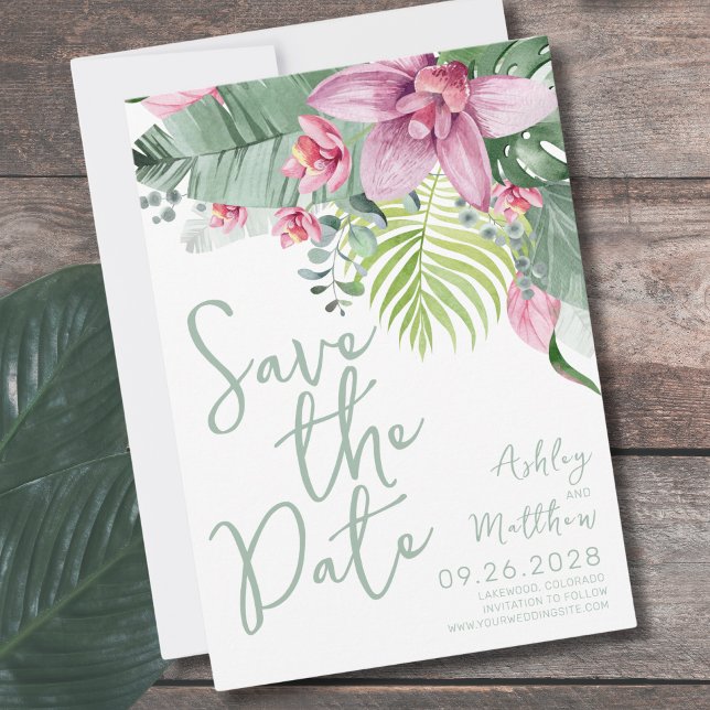 Save The Date Mariage Floral Tropical Vert (Green Foliage Floral Watercolor Tropical Wedding Save The Date)