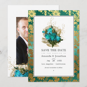 Save The Date Mariage Floral Turquoise et Or - Teinte de Thé Vin