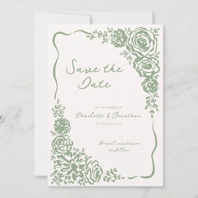 Save The Date Mariage floral vert de l'aire lunaire dessiné à la (Devant)