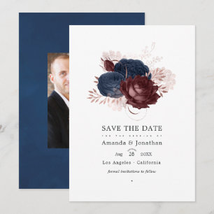 Save The Date Mariage floral vintage marine, bordeaux et or rose