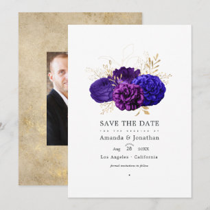 Save The Date Mariage Floral Vintage Violet, Bleu Royal et Or
